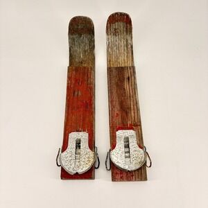 Vtg Adirondack Peters Dolgeville NY Wooden Kids Skis Red Rustic Lodge Decor